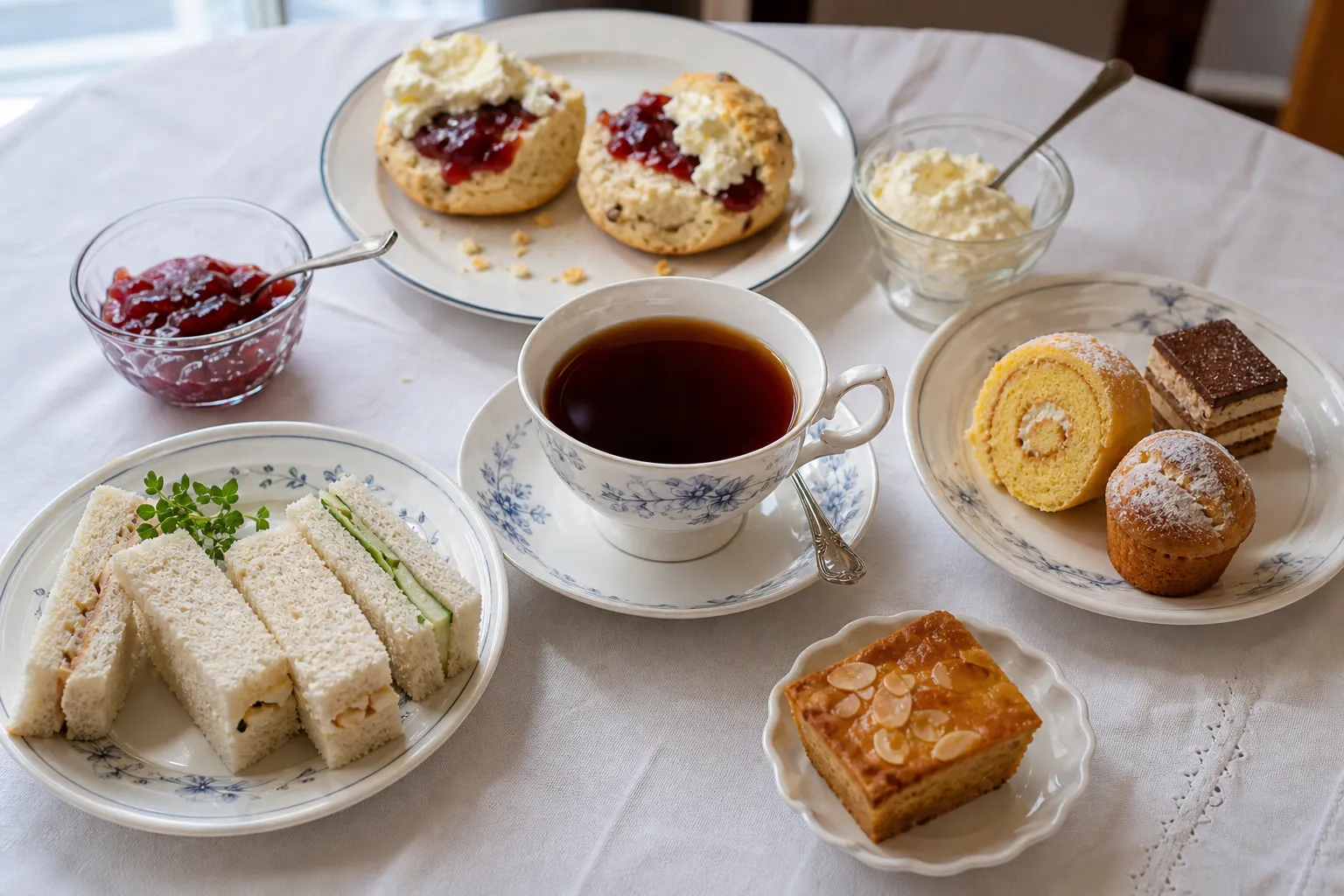 Black tea beside light sandwiches, scones, jam, cream, and pastries for comparing food pairings