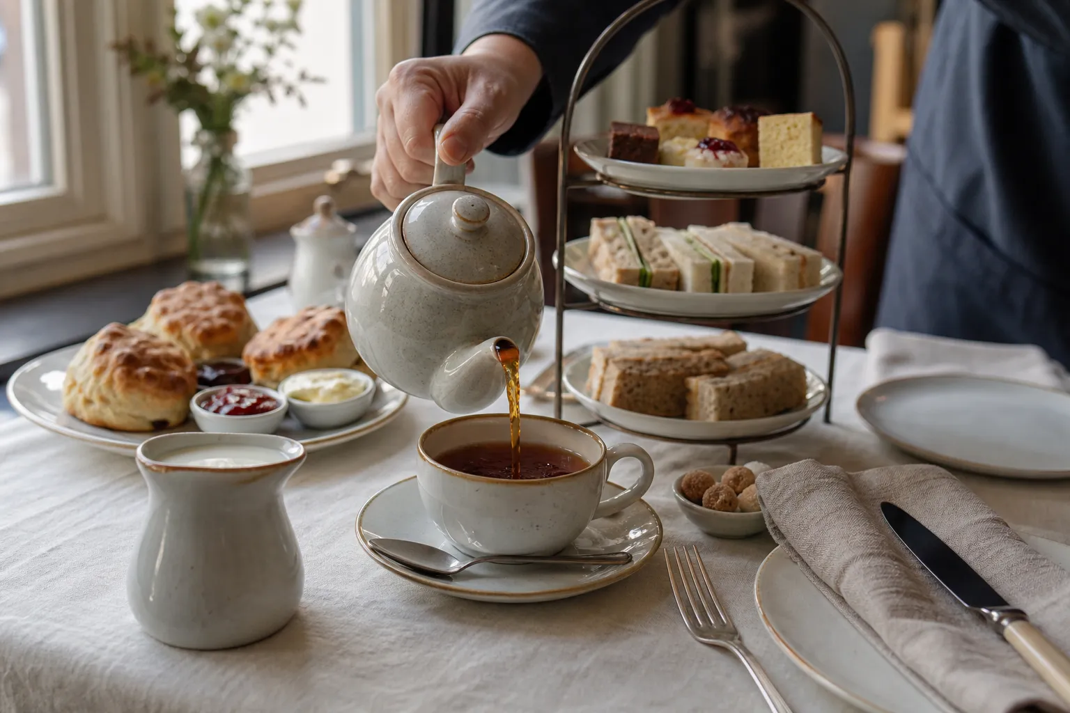 Black tea served from a pot with milk, cups, and light afternoon tea foods on the table