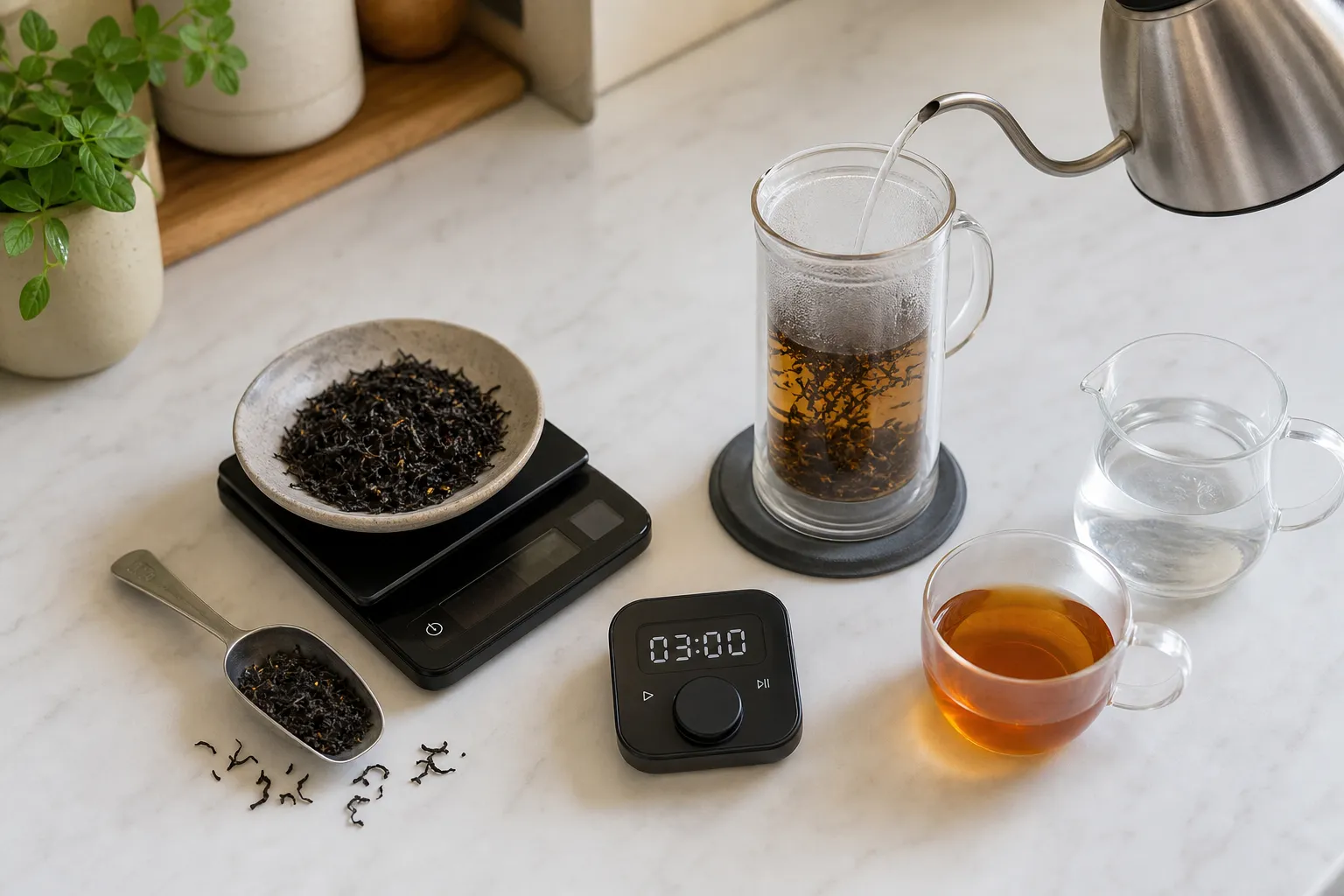 Black tea brewing setup showing leaf amount, steeping time, hot water, and a cup ready for dilution