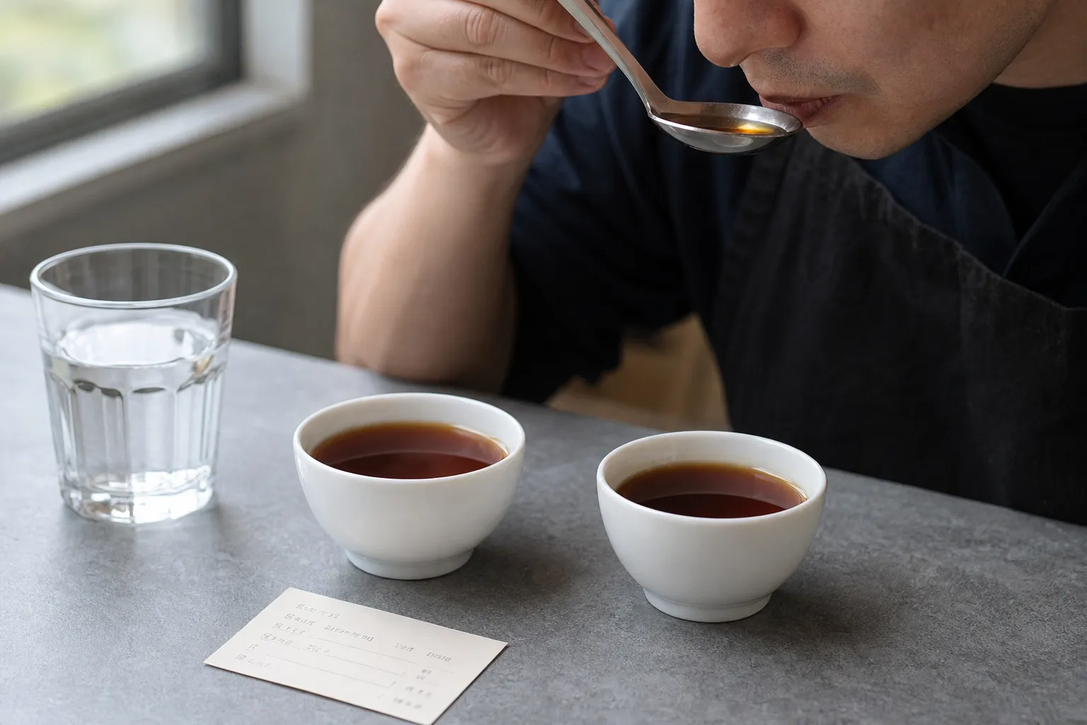 Two cups of black tea set up for tasting bitterness on the tongue and astringency in the finish