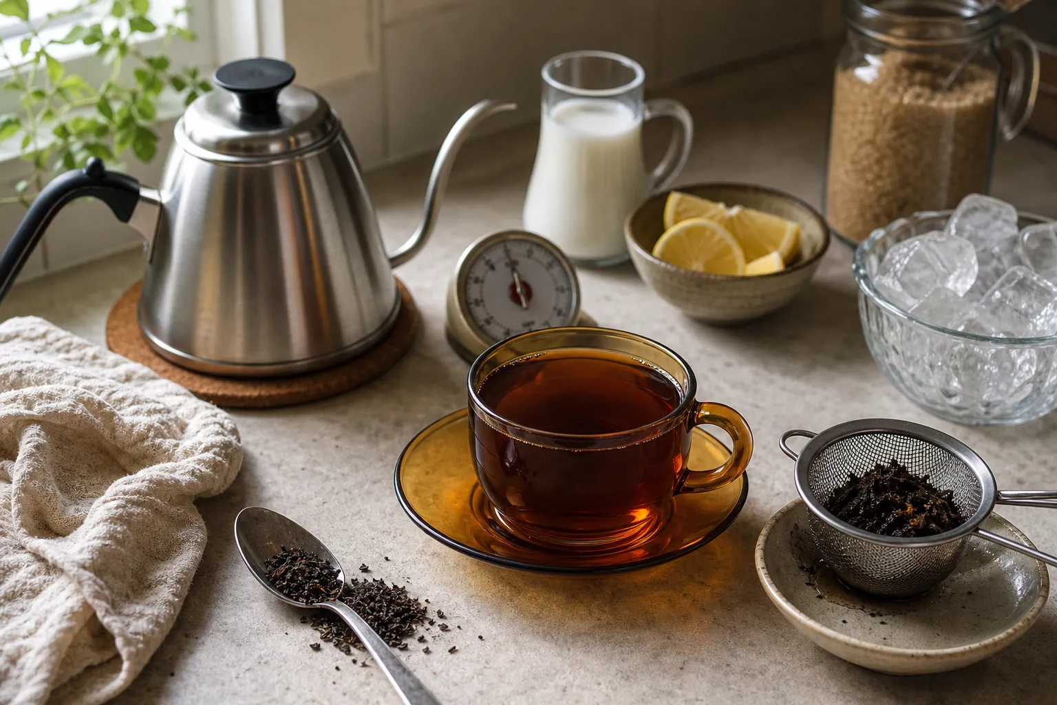 Black tea cup with measured leaves, hot water, and tasting additions arranged as brewing variables