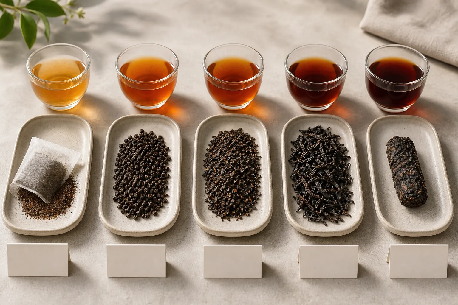 Different black tea leaf forms beside brewed cups showing how particle size affects infusion speed