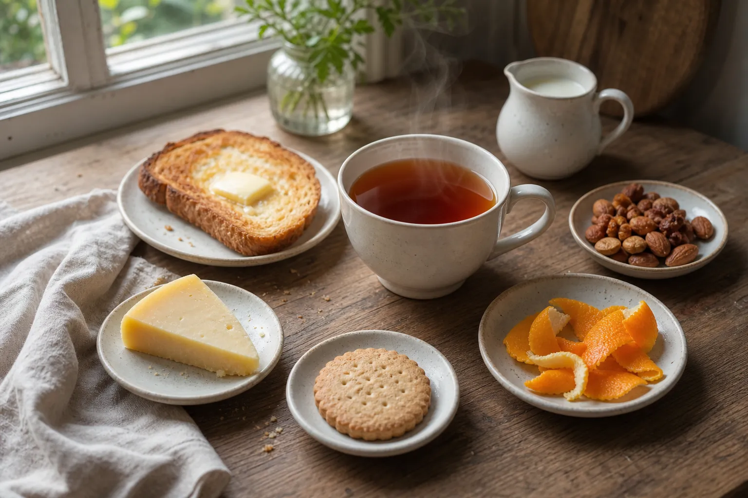 Black tea beside simple foods chosen to compare strength, body, aroma, and texture
