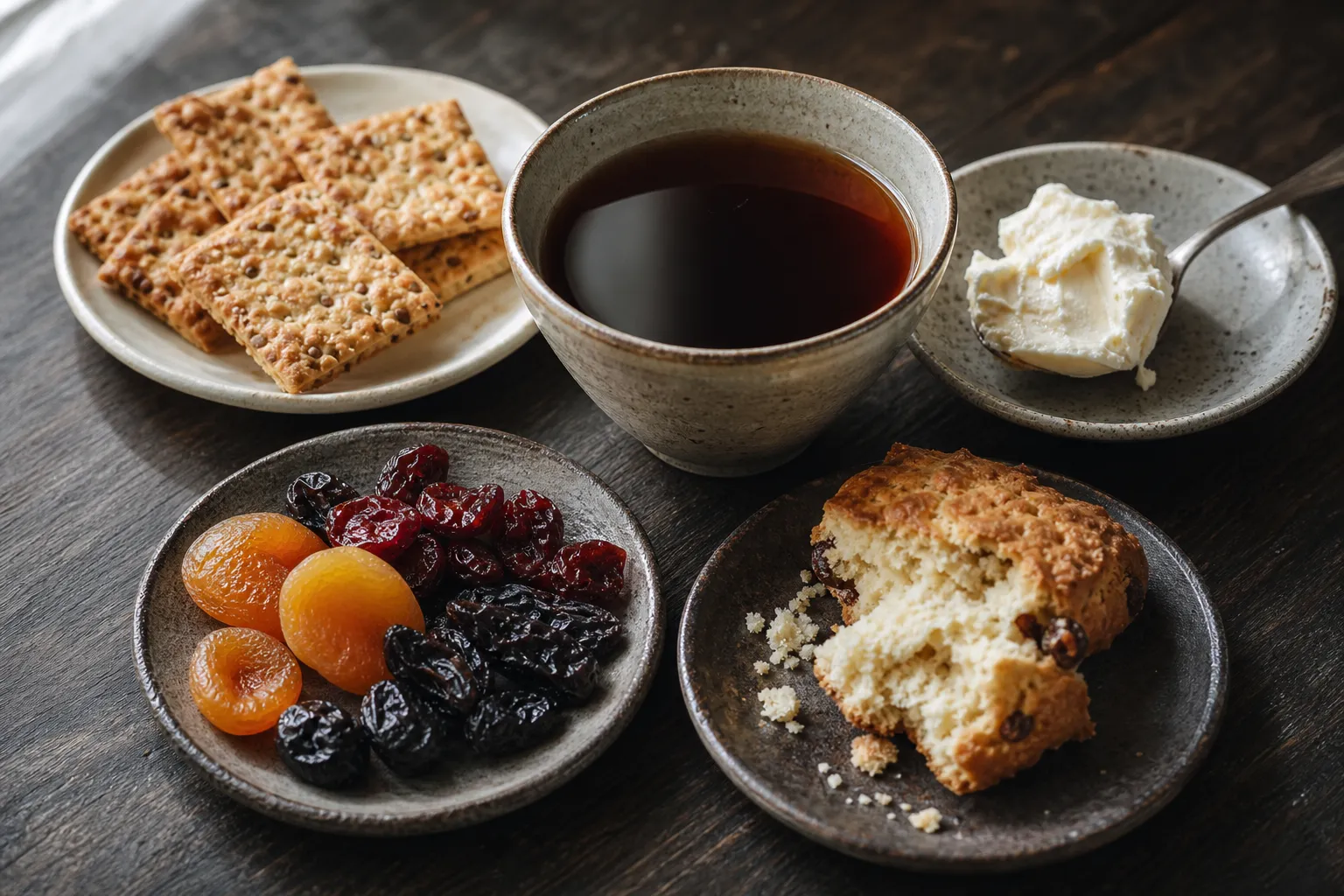 Black tea served with crunchy, creamy, chewy, and crumbly foods for texture comparison