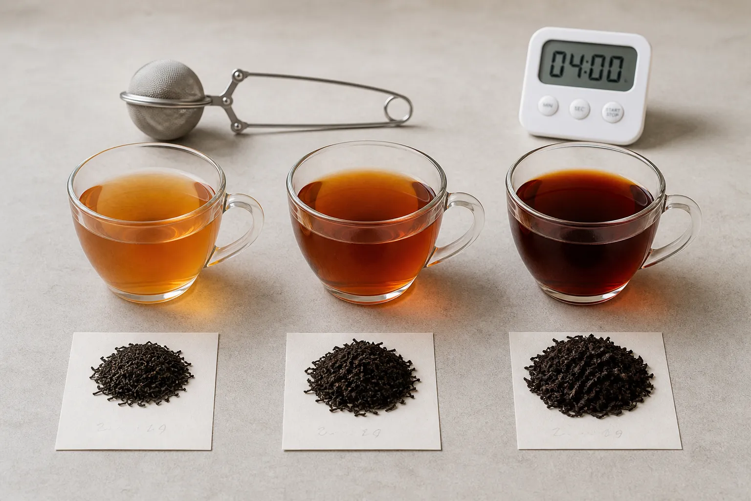 Black tea cups showing lighter and stronger brews for ratio adjustment