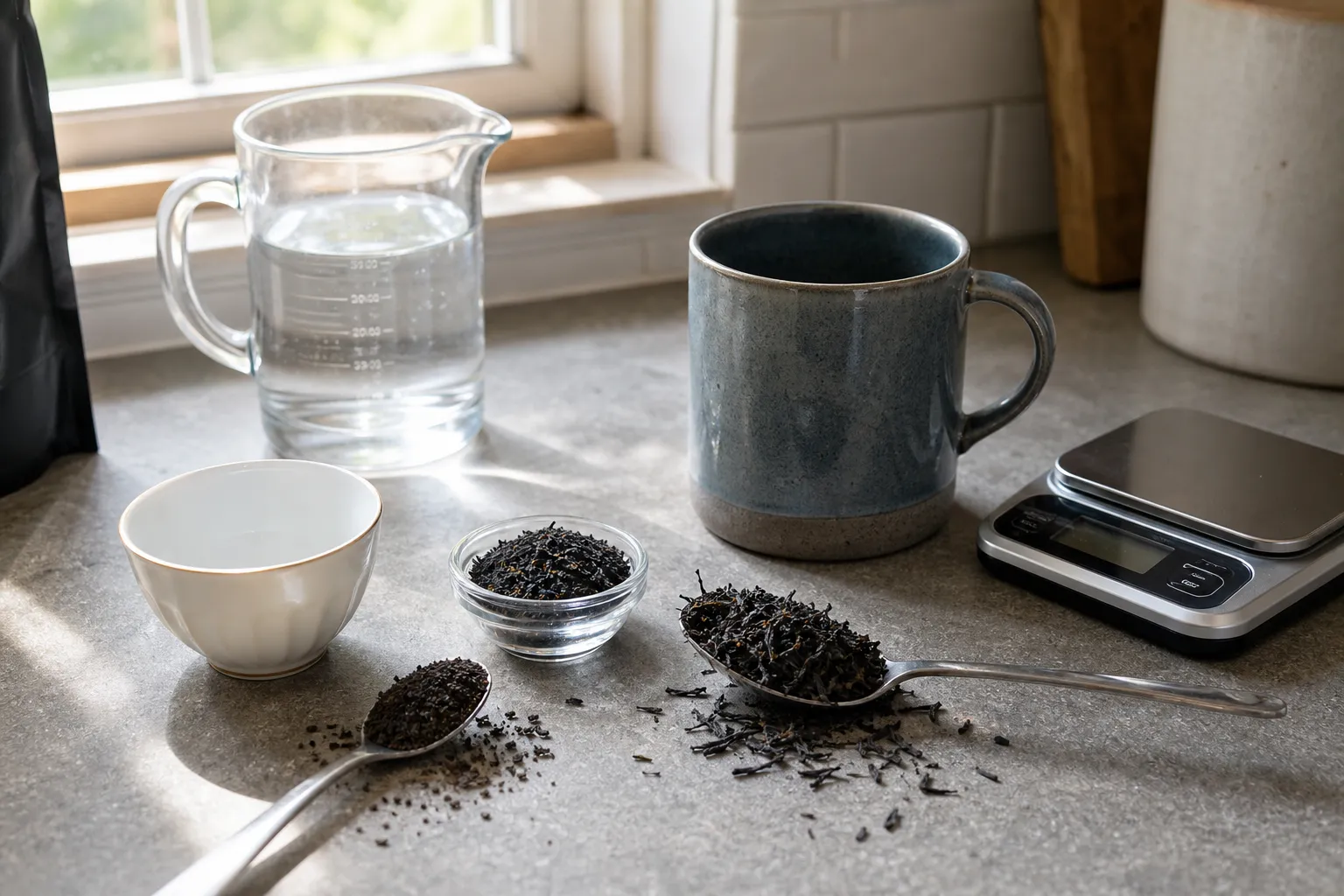 Loose black tea measured beside cups of different water volumes