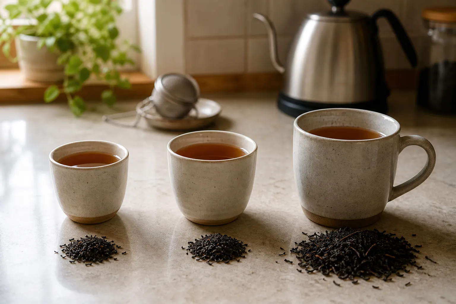 Black tea portions compared beside an 8 ounce cup, a 250 milliliter cup, and a larger mug