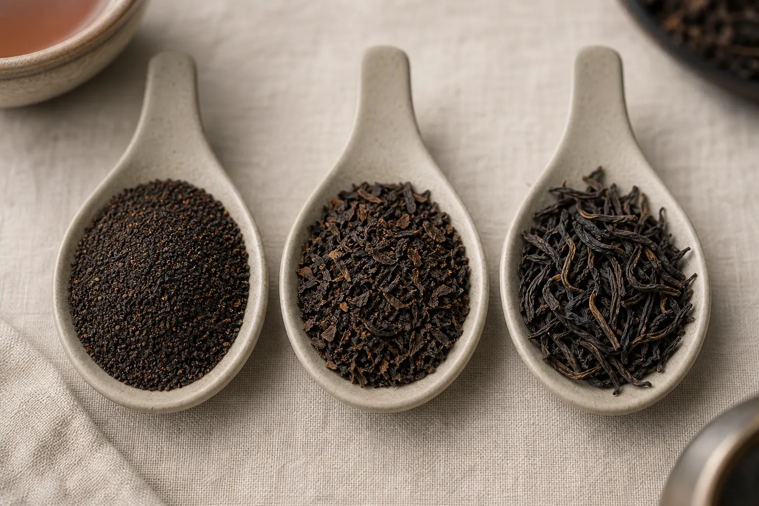 Fine-cut black tea, broken-leaf black tea, and whole-leaf black tea shown as different leaf forms for brewing