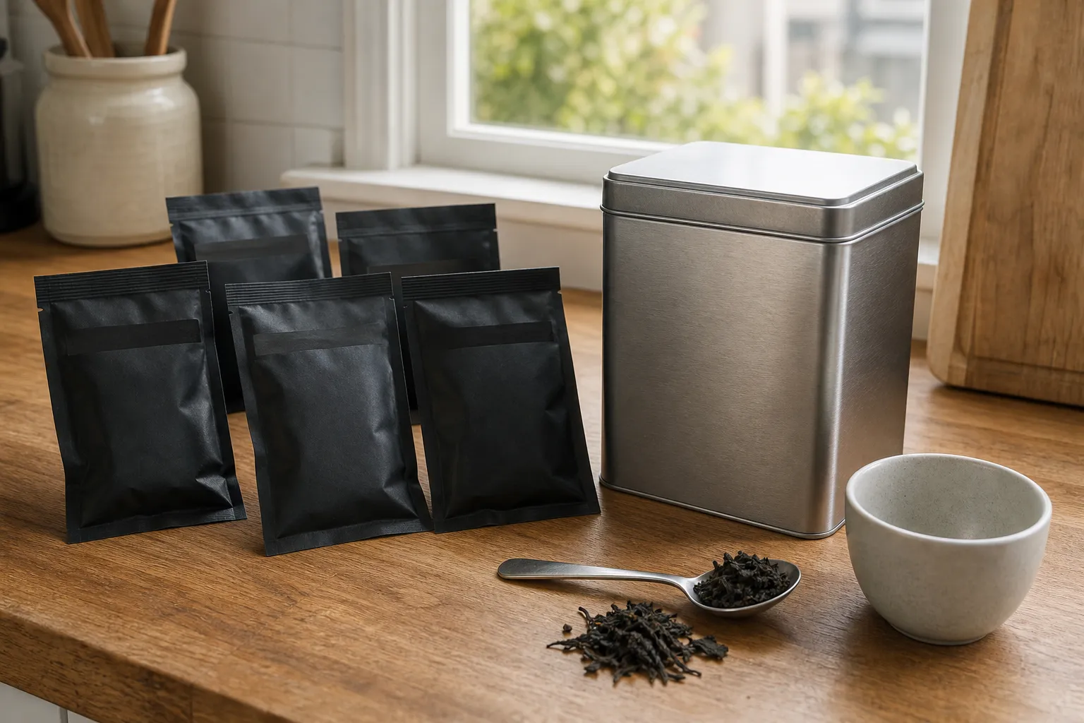 Small black tea sample packets beside a larger tea tin for a buying comparison