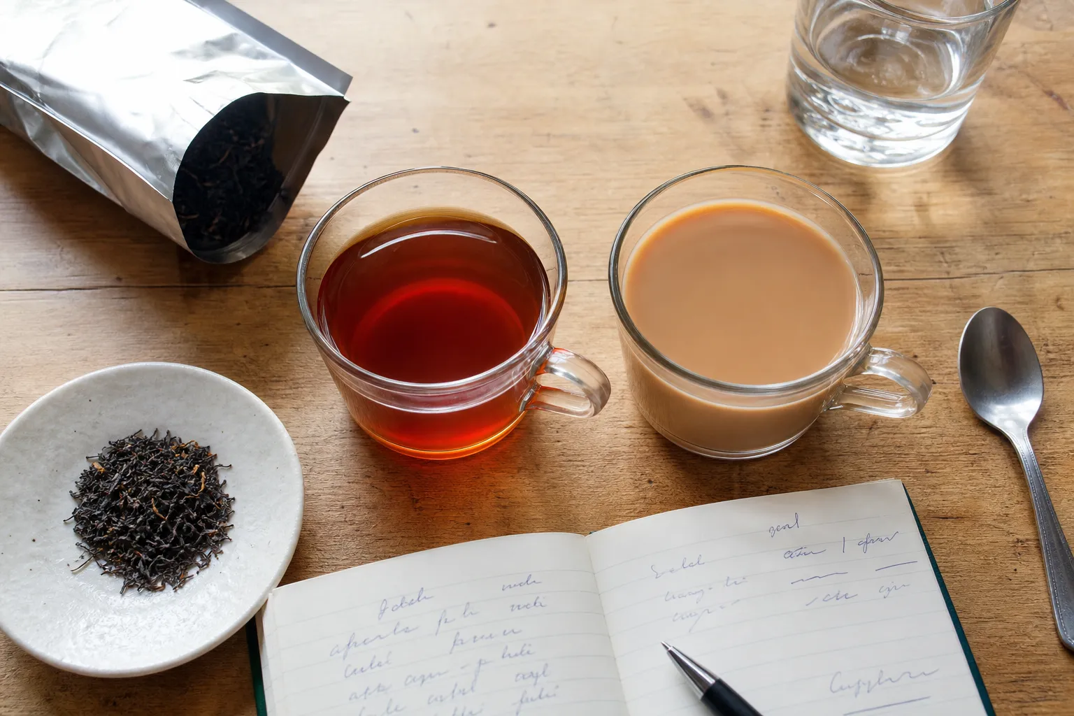A brewed black tea sample being compared plain and with milk