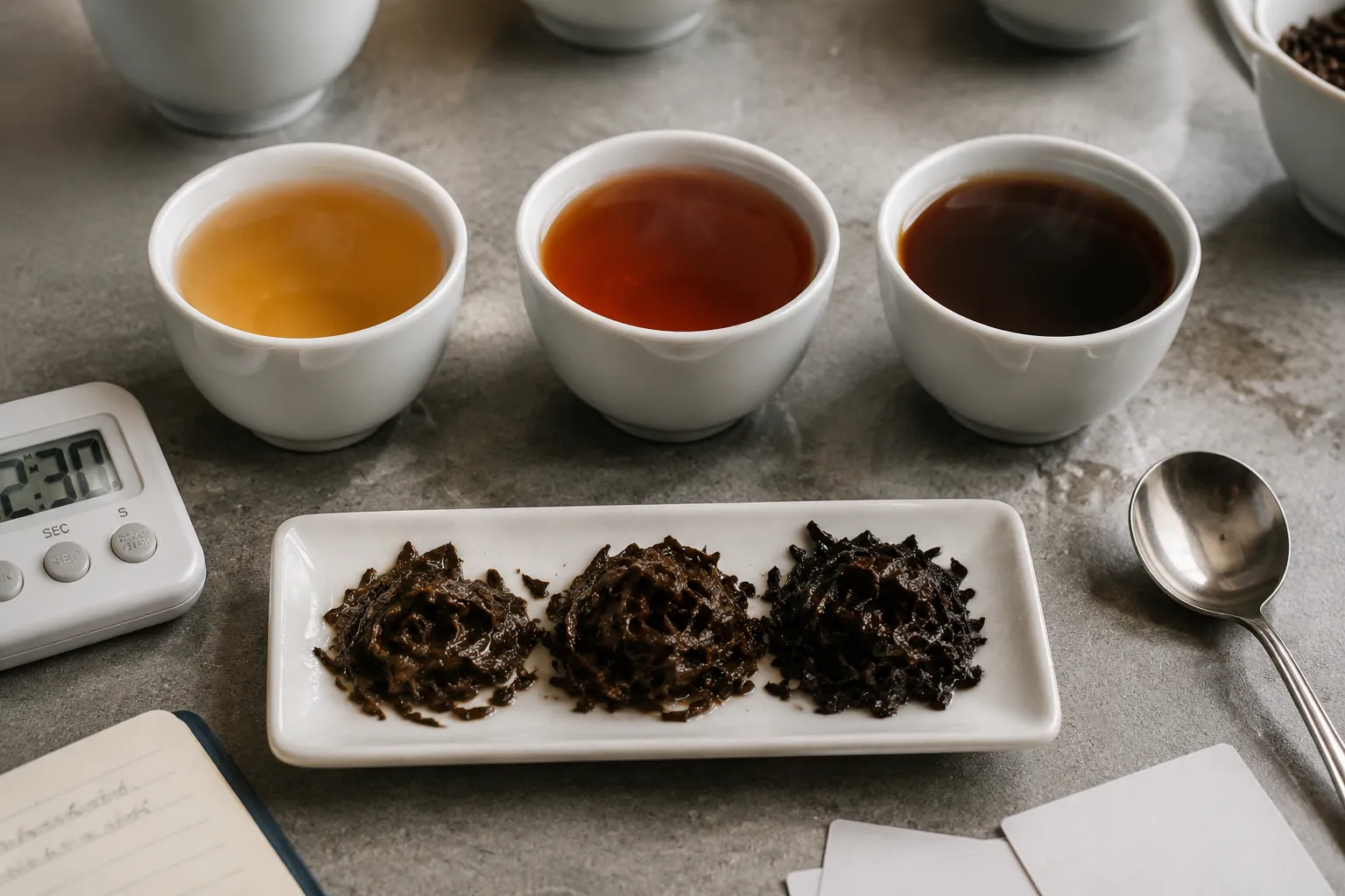 Black tea tasting setup with cups showing pale, balanced, and over-dark liquor cues for adjusting steeping time