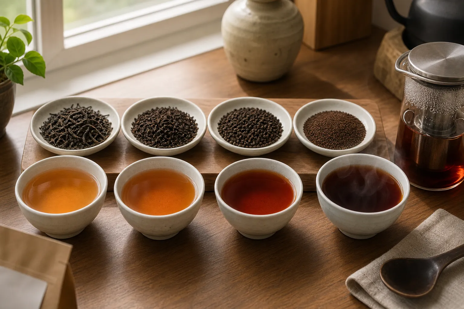 Whole leaf, broken leaf, and fine black tea particles arranged beside brewed cups showing different steeping pace
