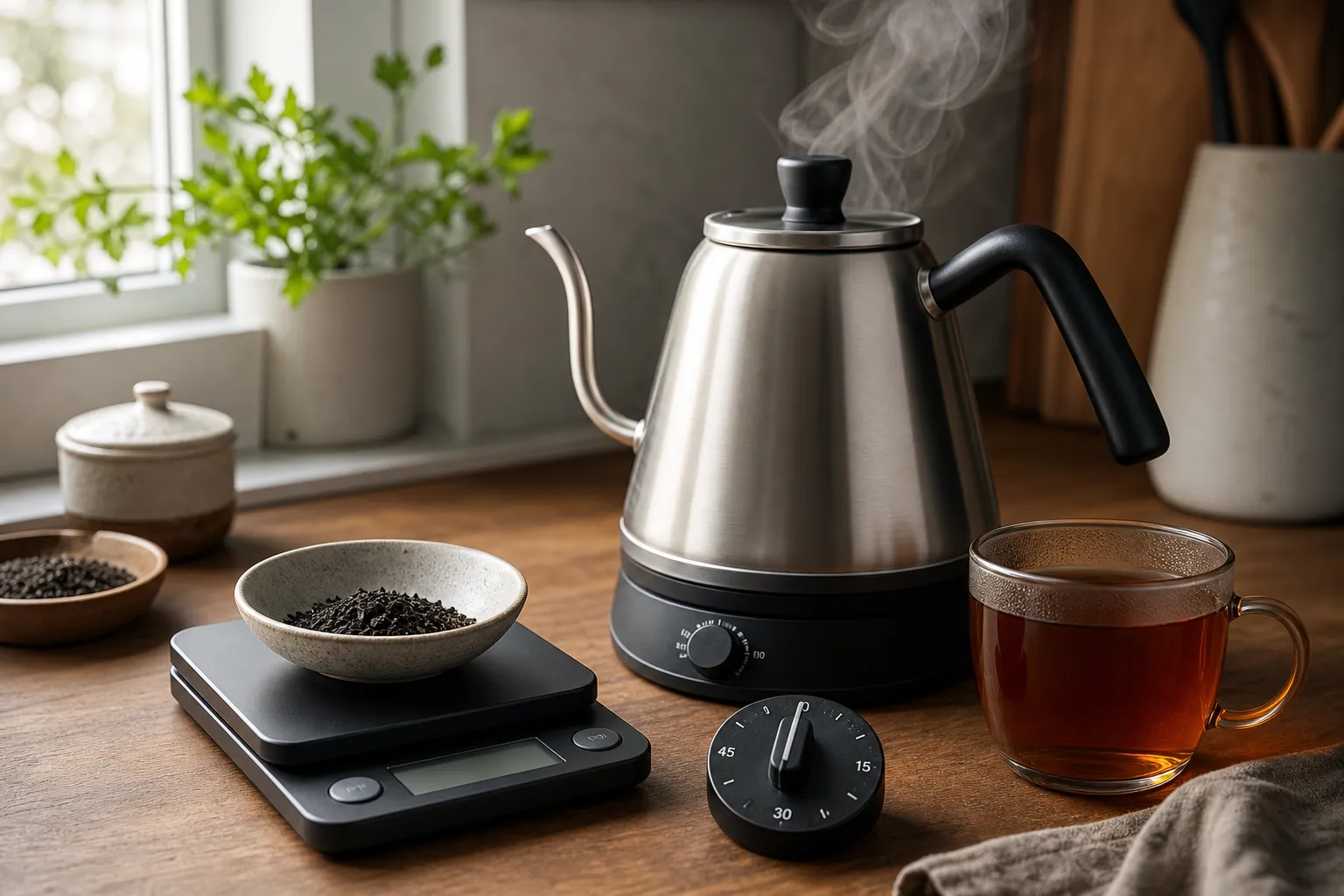 Measured black tea leaves beside a cup and kettle for adjusting time, temperature, and ratio