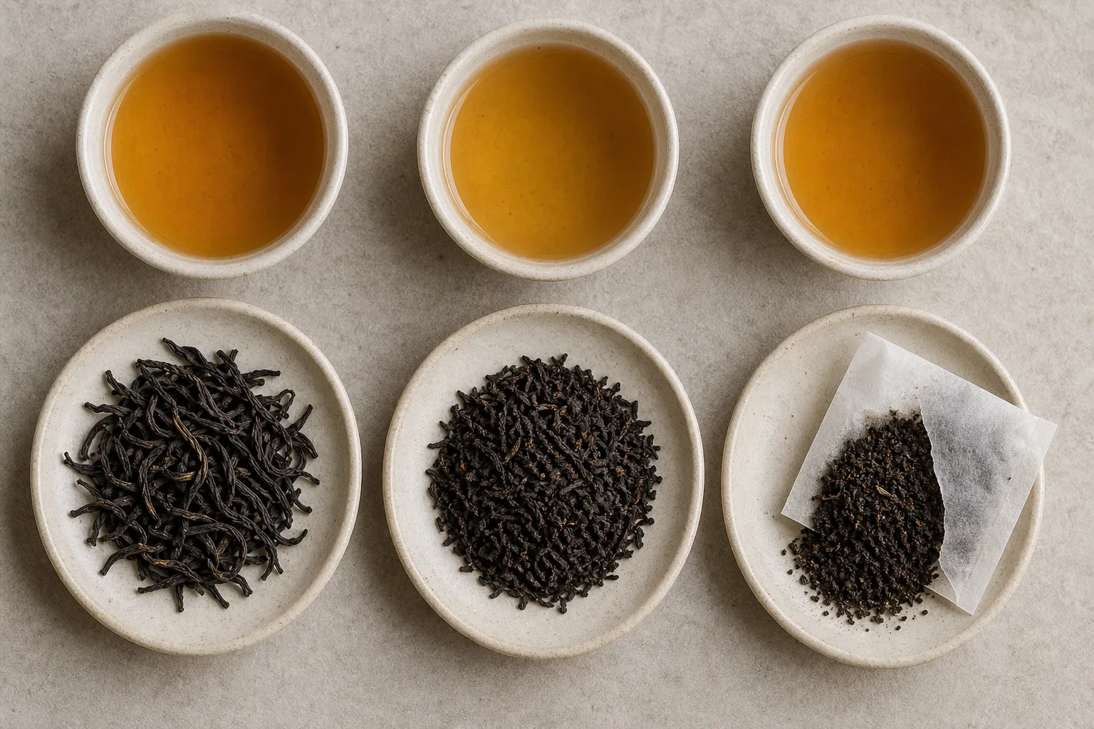 Different black tea leaf sizes compared for how quickly they steep