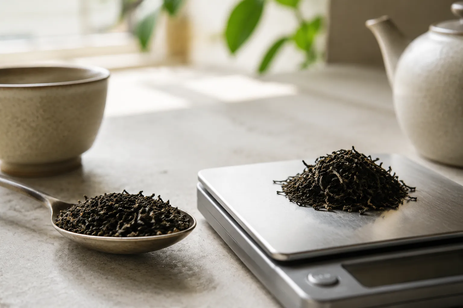 Loose black tea measured with a teaspoon beside the same tea weighed in grams