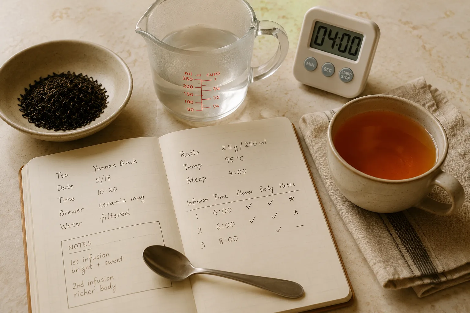 A black tea brewing note recording grams of leaf, water volume, steep time, and cup result