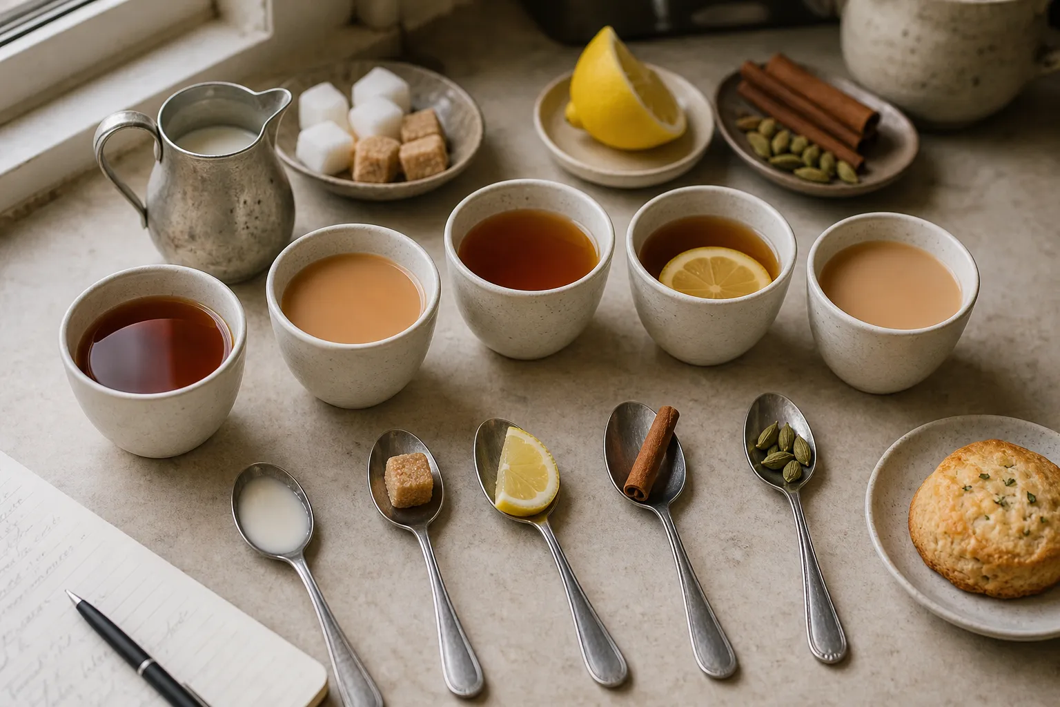 Plain black tea compared with milk, sugar, lemon, spices, and food pairings