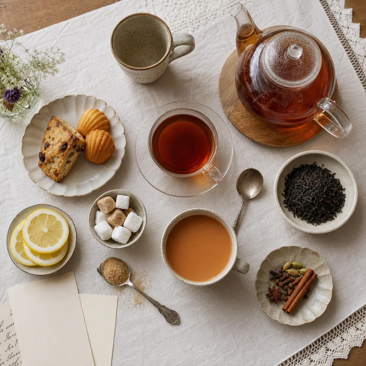 Black tea cups with milk, plain tea, spices, food, and teaware showing different serving choices