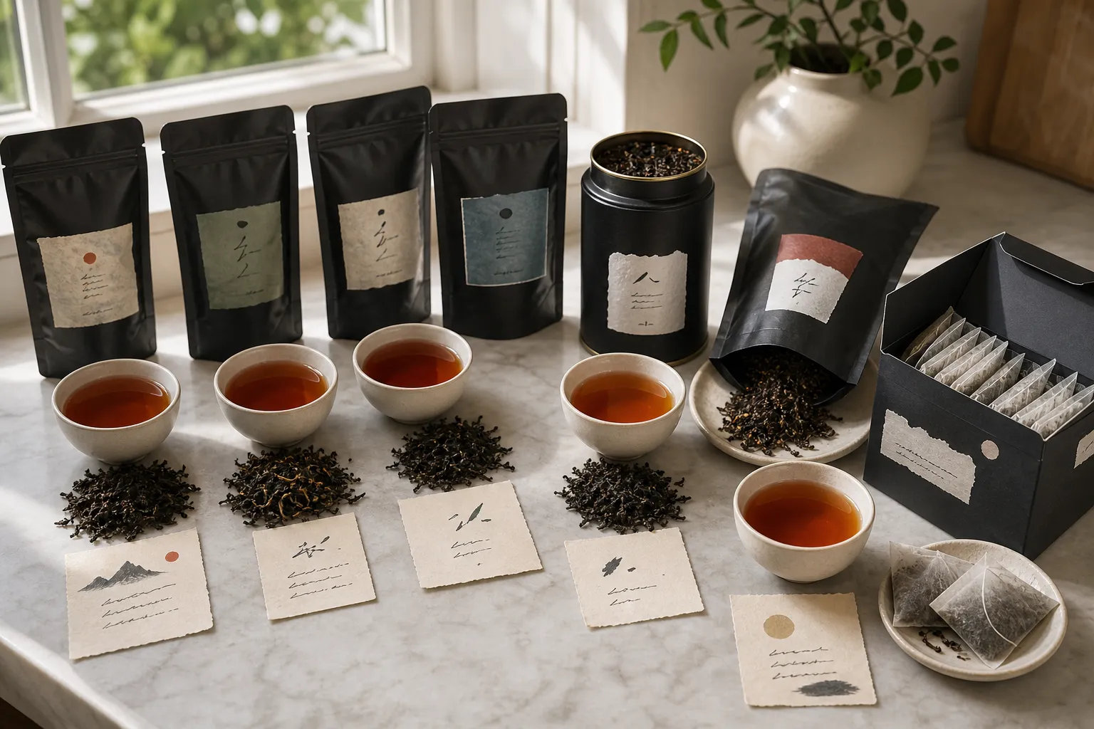 Several black tea labels and cups arranged to show origin, blend, leaf form, and serving clues