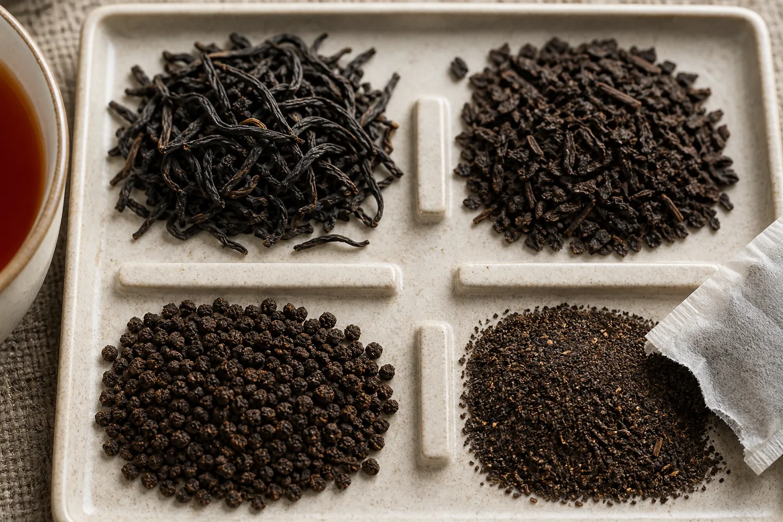 Orthodox black tea leaves, broken leaf, CTC granules, and tea bag particles compared for size and texture