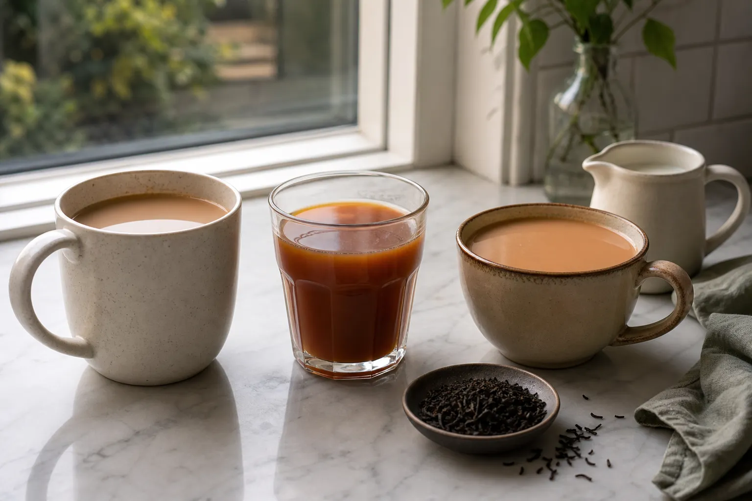 Different cups of black tea with milk showing changes in tea strength, milk amount, and serving style