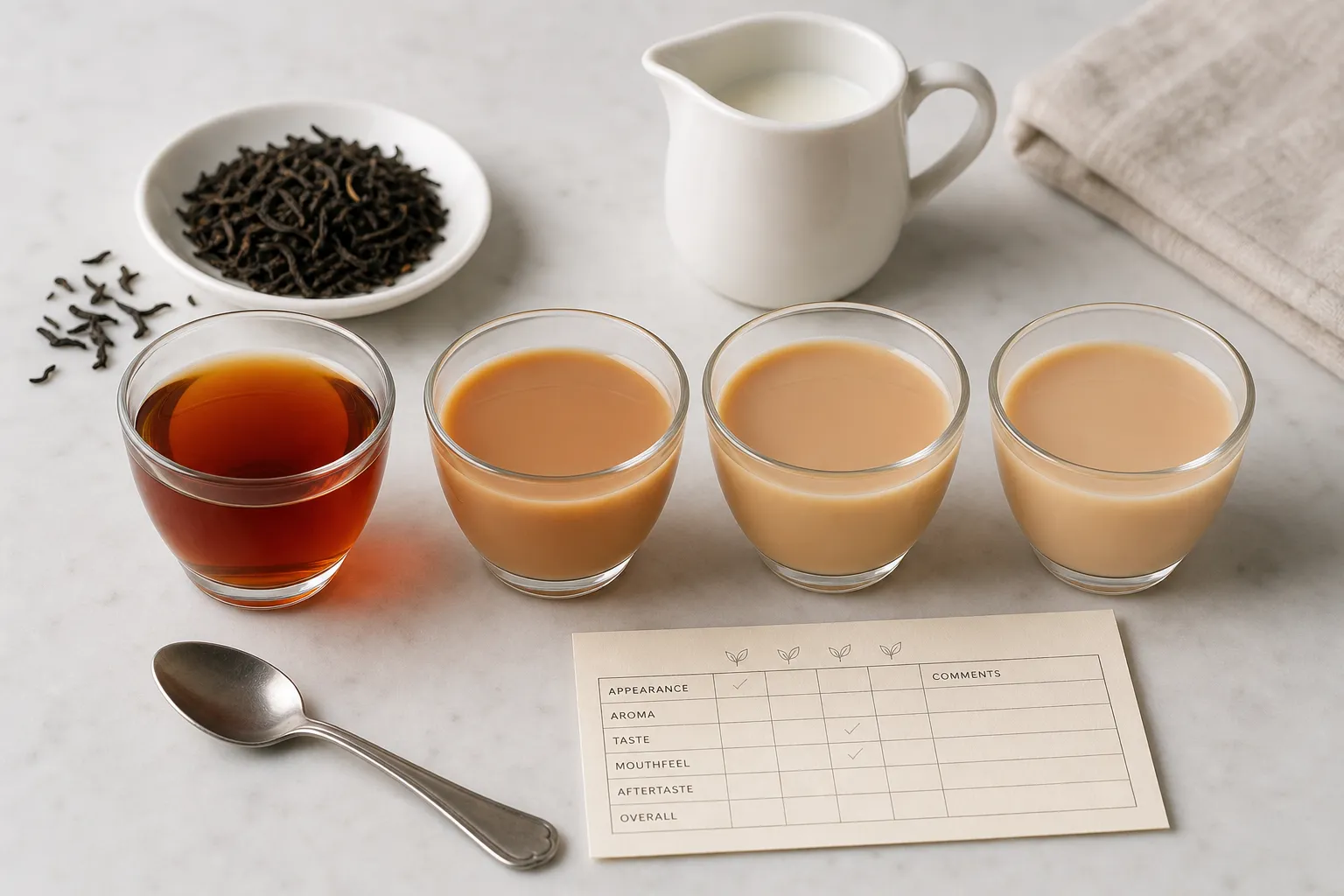 A tasting setup comparing plain brewed black tea with gradually milked cups to judge color, aroma, and mouthfeel