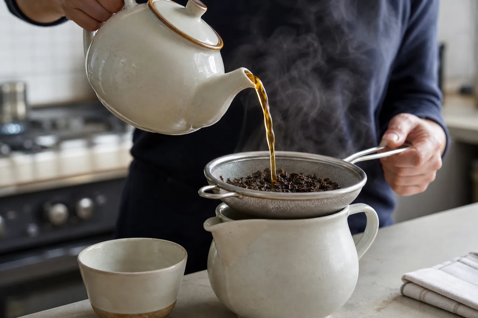 Finished black tea being poured through a strainer into a second warmed vessel after a timed steep