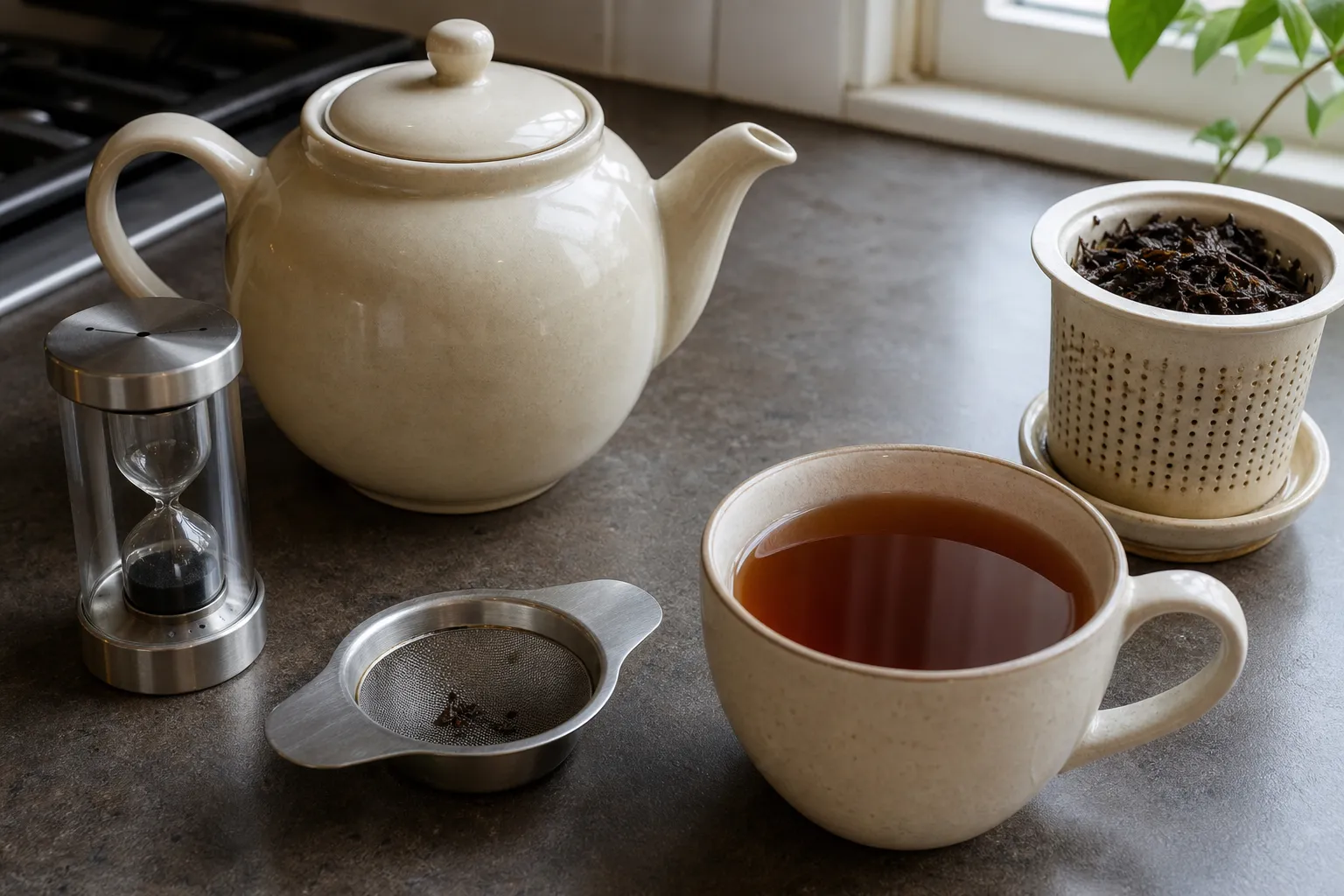 A western teapot beside a timer, strainer, and brewed black tea ready to be separated from the leaves