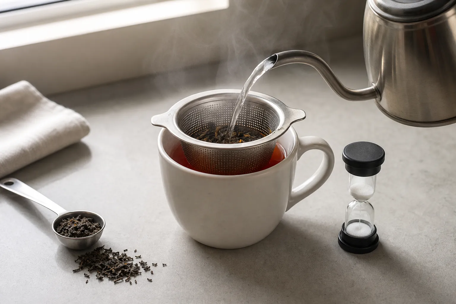Basket infuser in a mug with loose black tea ready for a timed steep