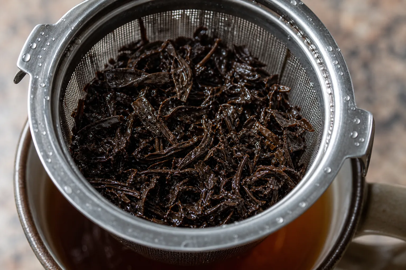 Wet black tea leaves loosened inside a basket infuser after steeping
