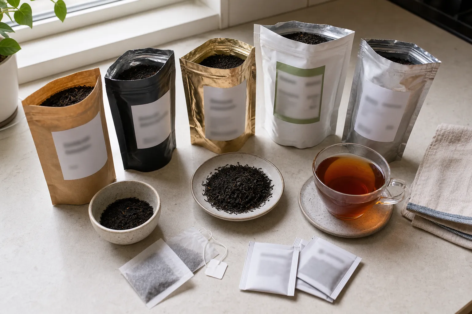Black tea packages, loose leaves, and a brewed cup arranged for comparing label clues and intended use