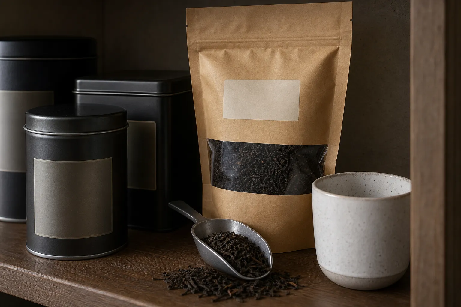 Black tea tins, resealable pouches, and dry leaves shown as storage choices for protecting aroma