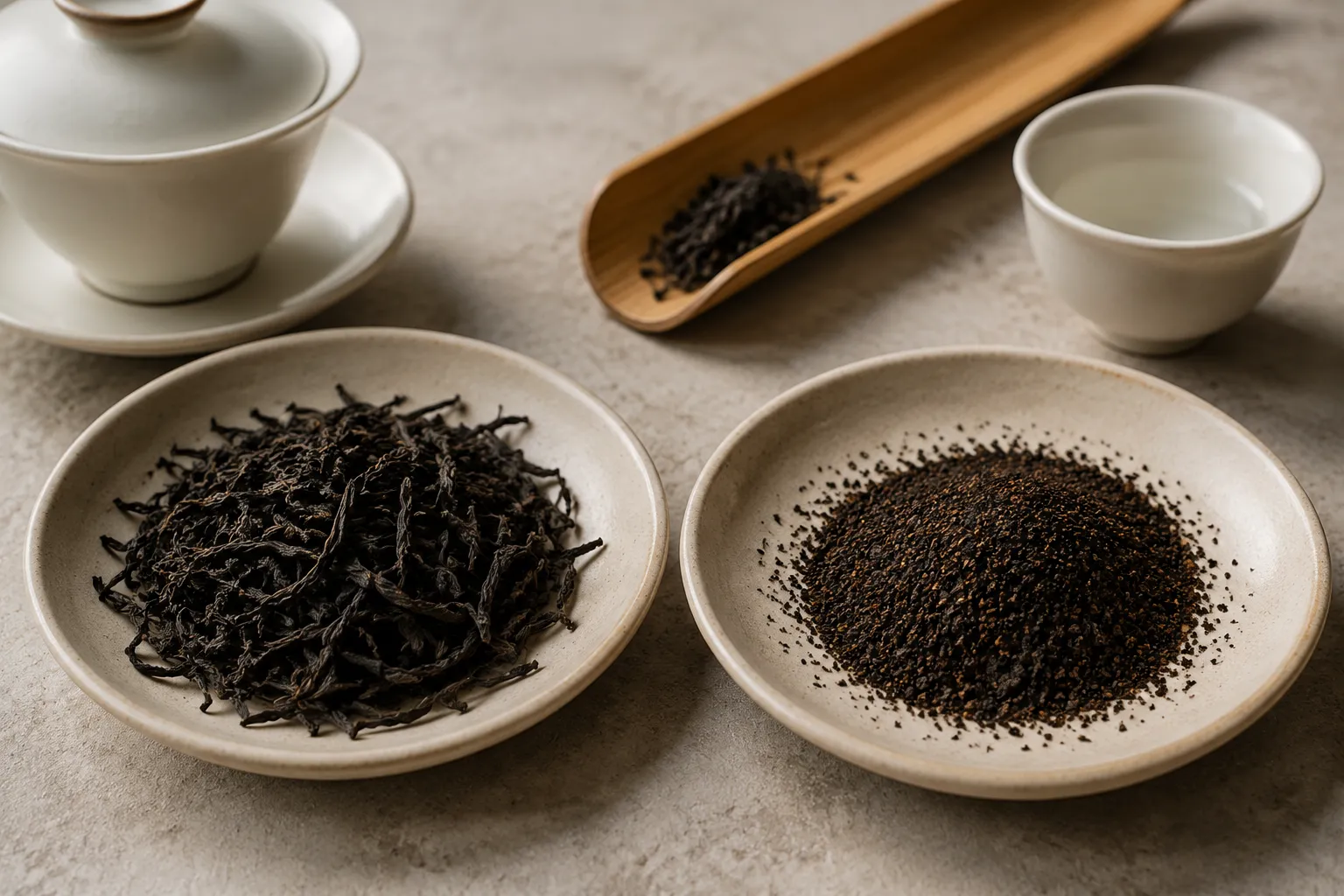 Whole black tea leaves and fine broken tea particles compared before gongfu brewing