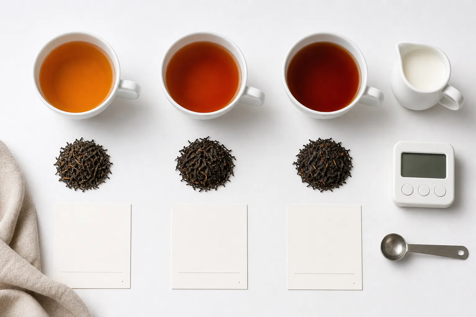 Three Ceylon black tea cups compared for brightness body and milk readiness