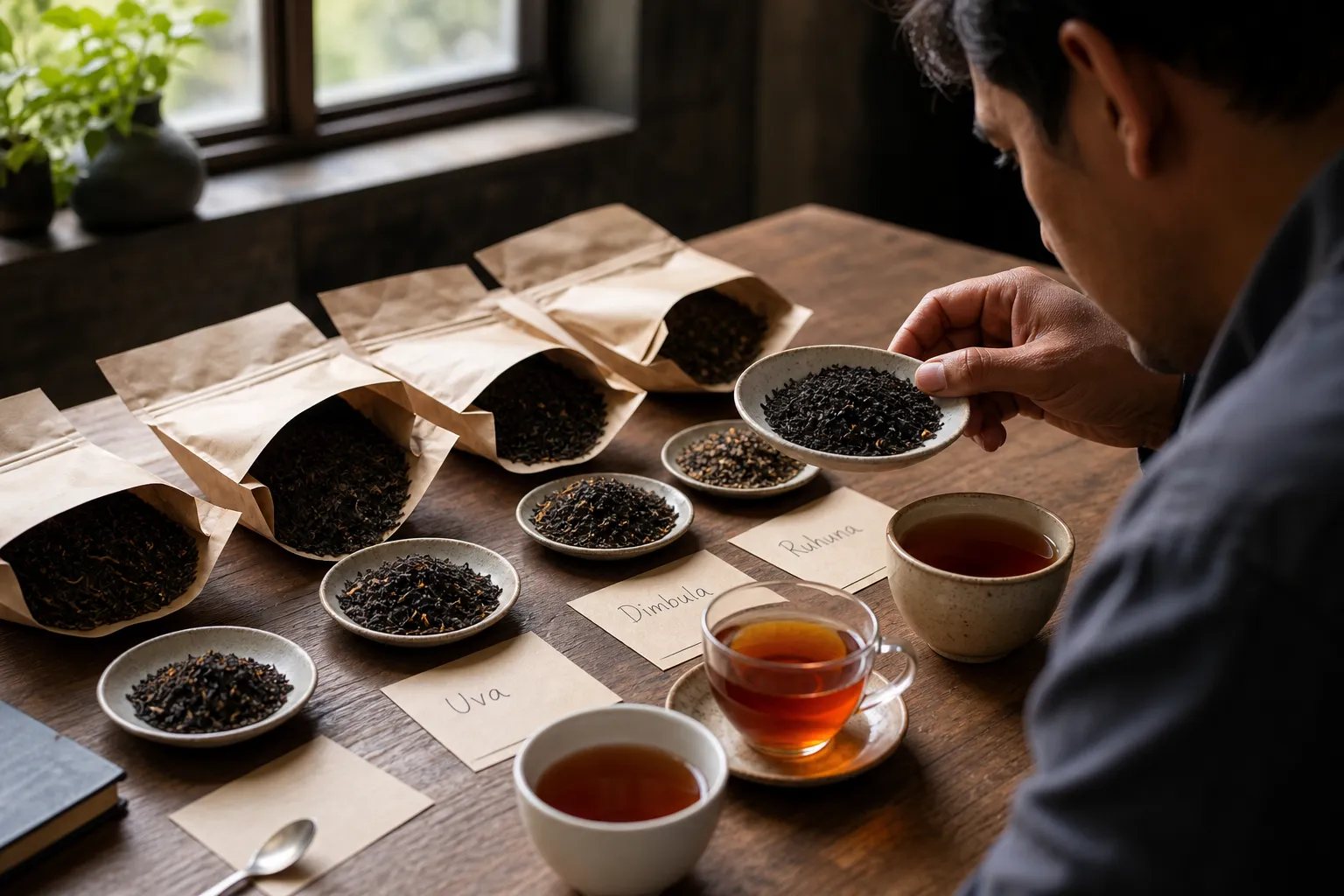 Ceylon black tea packages and brewed cups arranged to compare elevation and region label cues