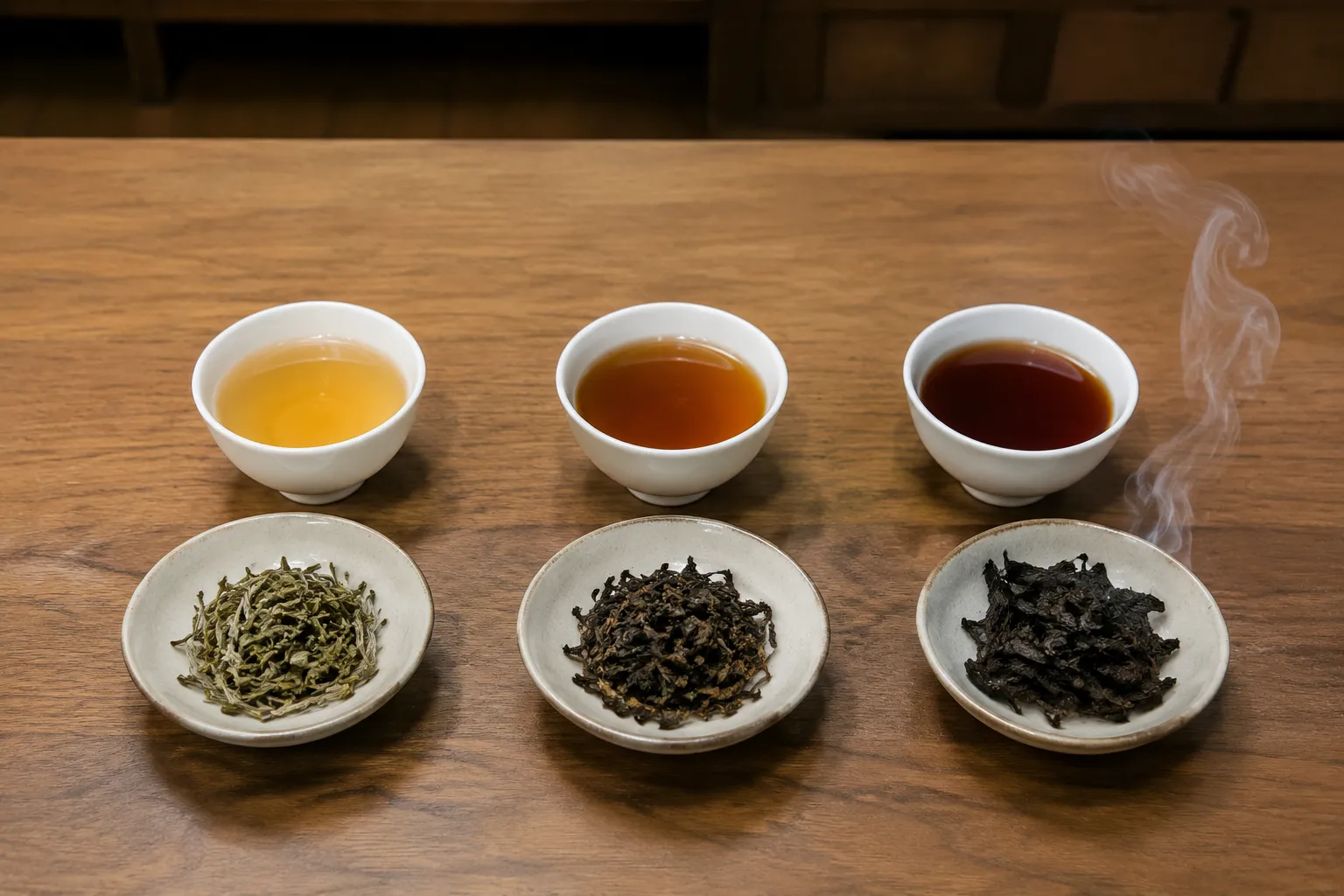 A tasting setup arranged from Keemun to Dian Hong to Lapsang Souchong to compare aroma, body, and smoke without mixing the cups