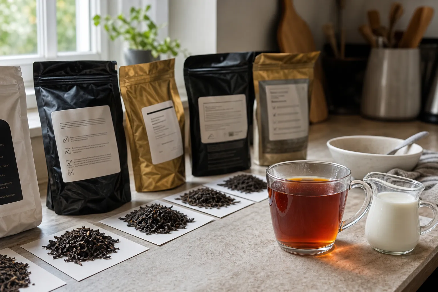 Black tea packages, dry leaf, brewed dark liquor, and milk arranged as buying comparison cues