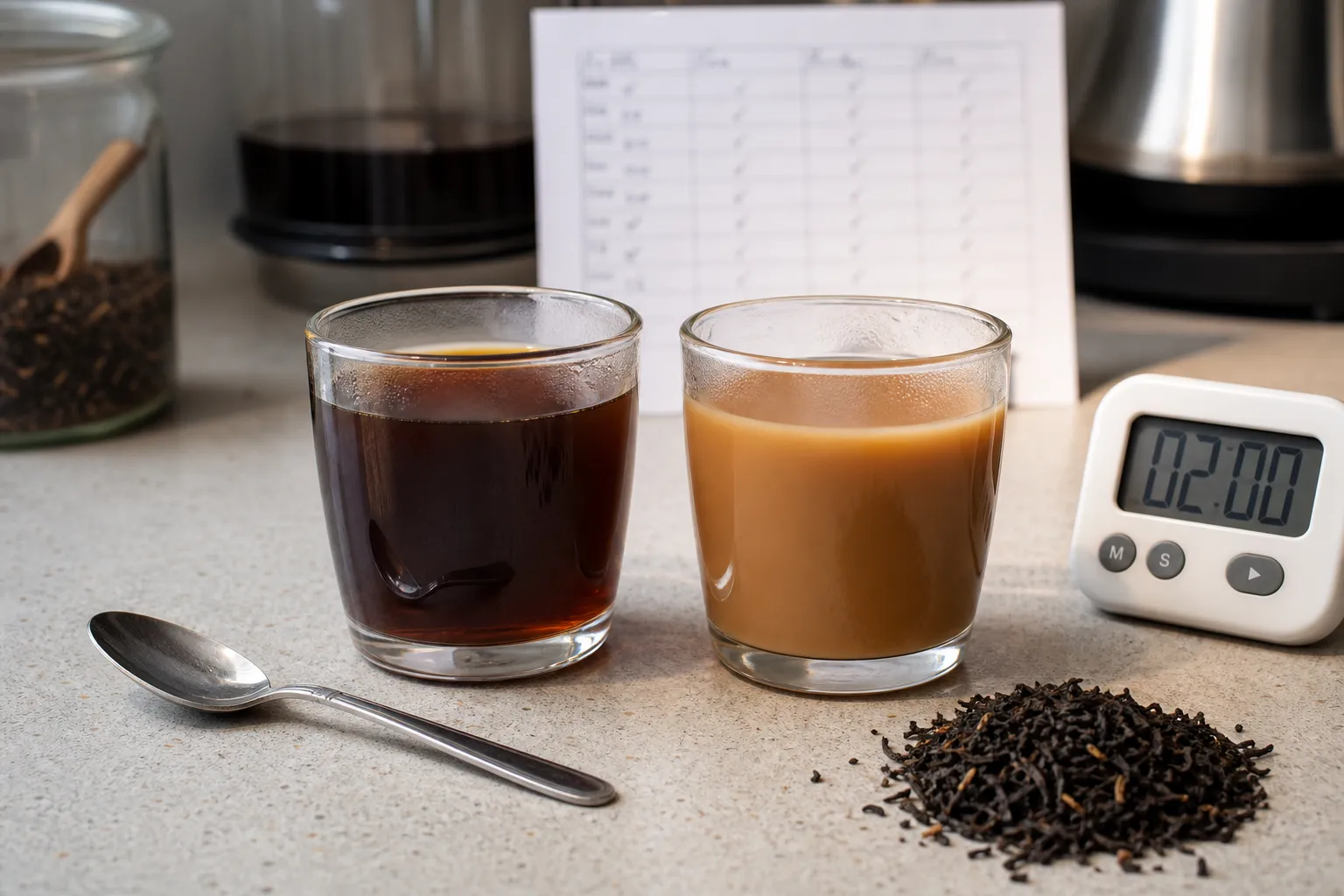Small stronger black tea brew being compared before and after milk is added