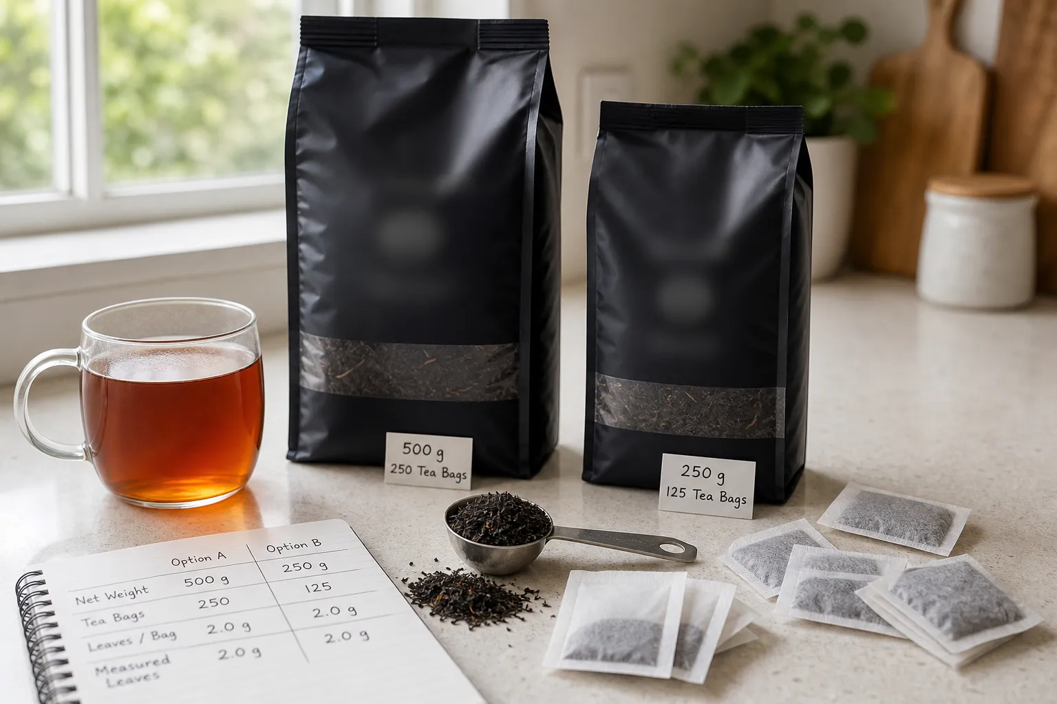 Black tea packages, loose leaf, tea bags, and a cup arranged for comparing price by weight and serving