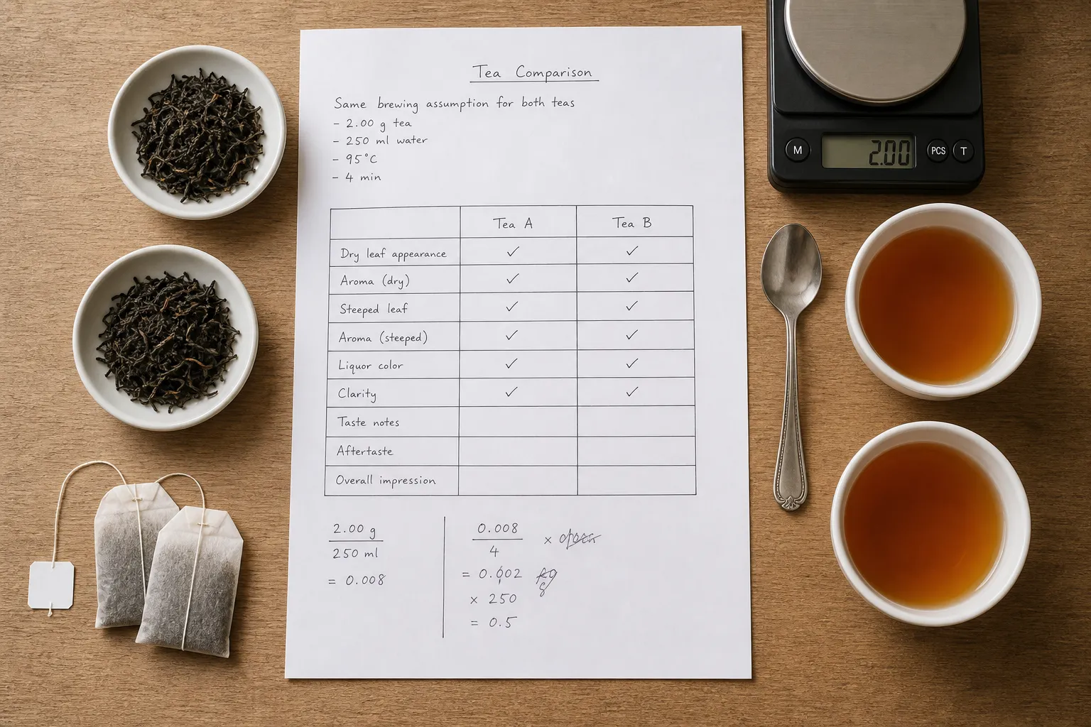 A simple black tea comparison worksheet beside measured loose leaf, tea bags, and brewed cups