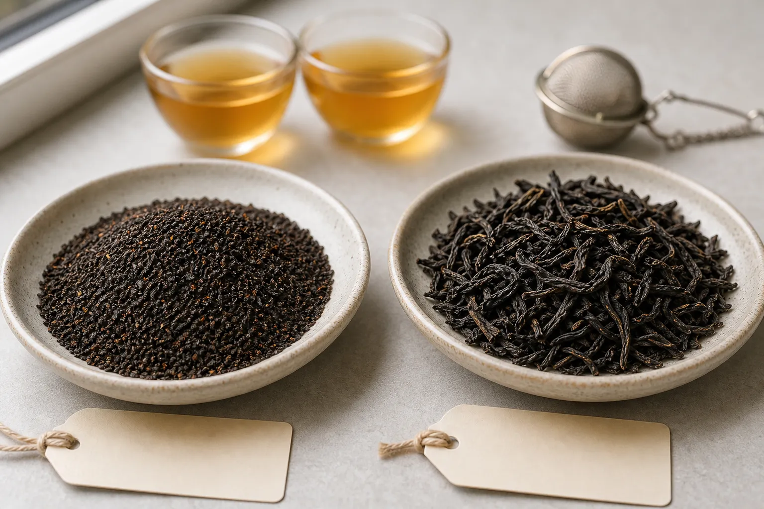Broken black tea particles and larger whole black tea leaves shown for comparison