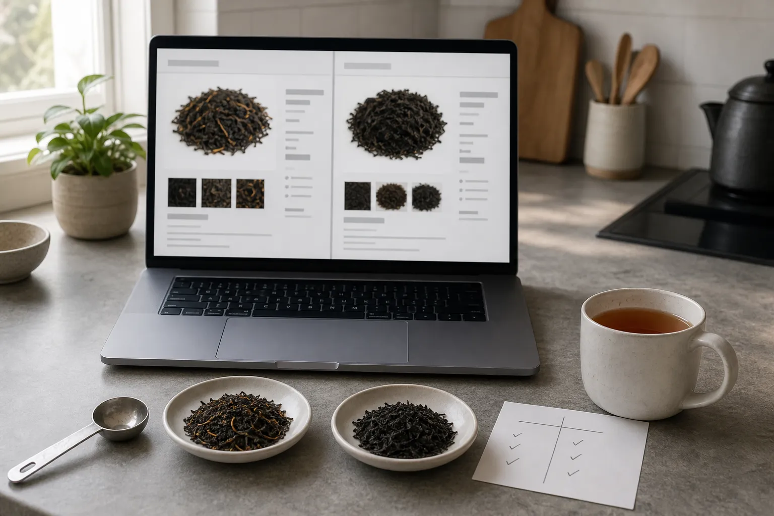 Two black tea listings compared beside dry leaf samples and brewing notes