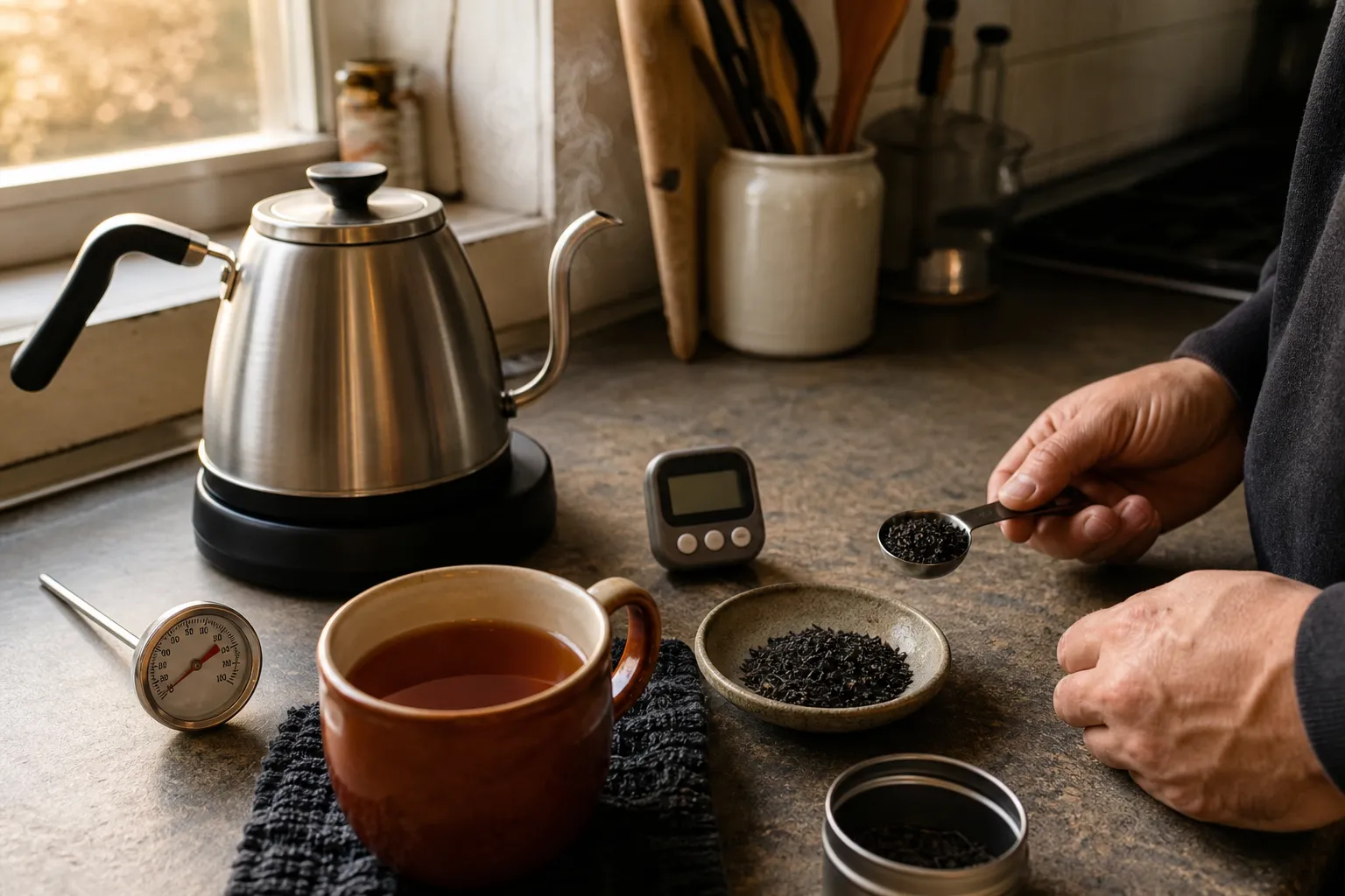 A black tea brewing setup showing hot water, measured leaf, and a cup ready for a controlled taste comparison