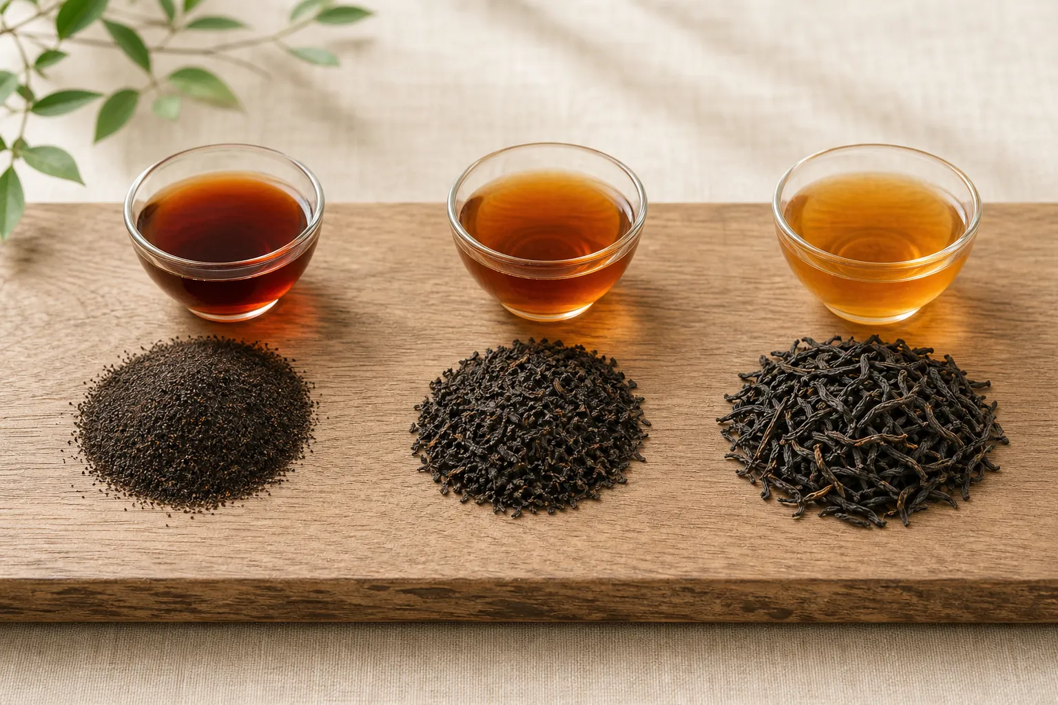 Different black tea leaf cuts beside brewed cups showing how fine particles and larger leaves can brew at different speeds