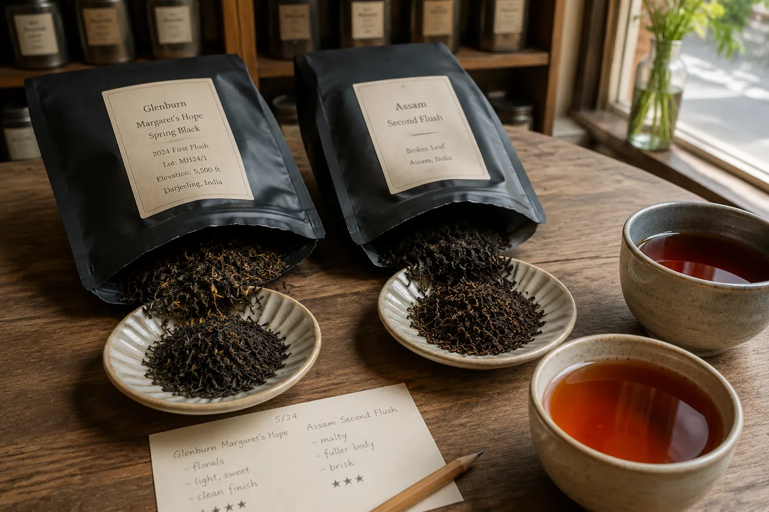 Two black tea packages compared by estate name and regional origin label details
