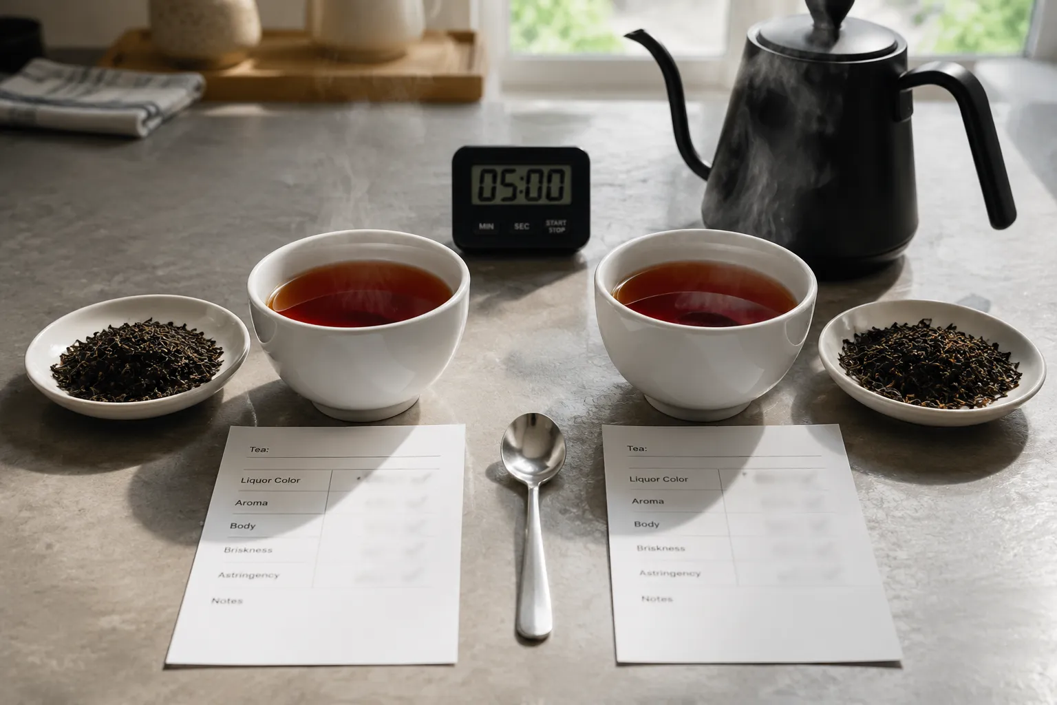 Brewed black tea cups and dry leaves arranged for comparing color aroma body and briskness
