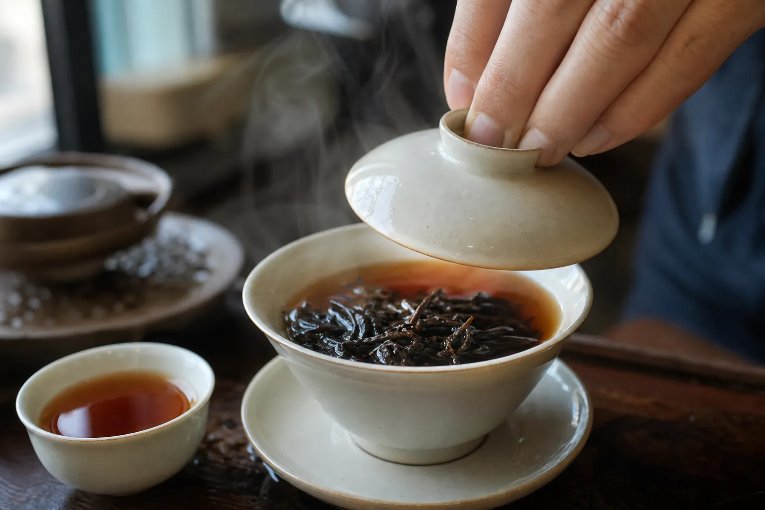 A lifted gaiwan lid above opened black tea leaves and red-brown liquor for checking aroma and color