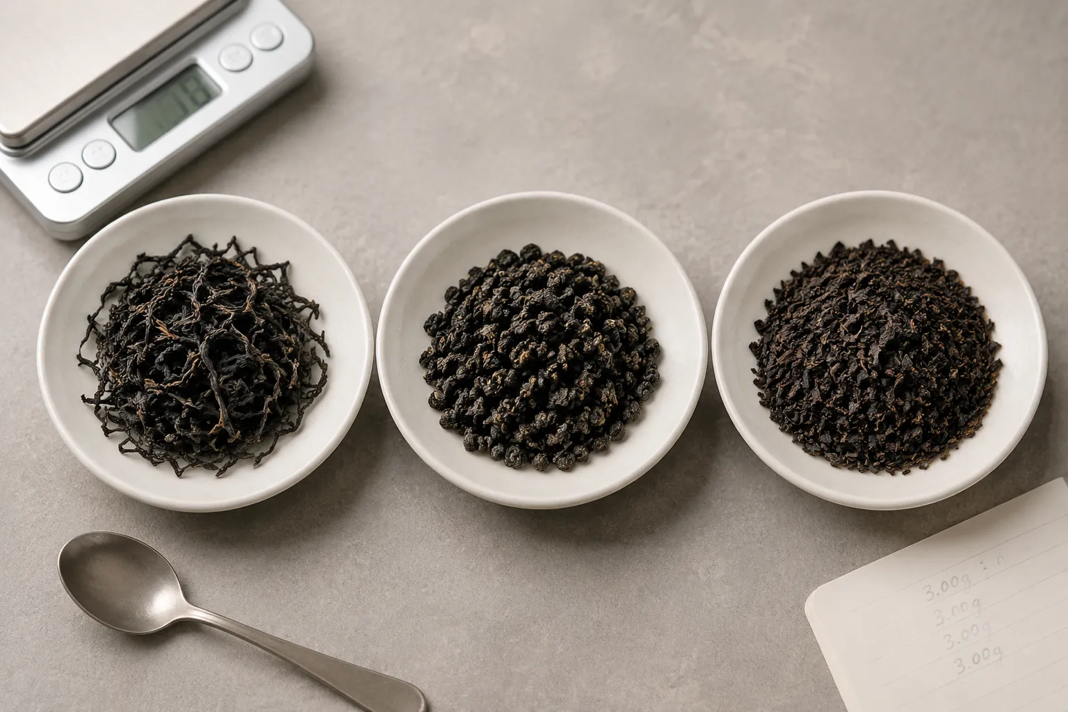 Different black tea leaf shapes measured by weight for gongfu brewing