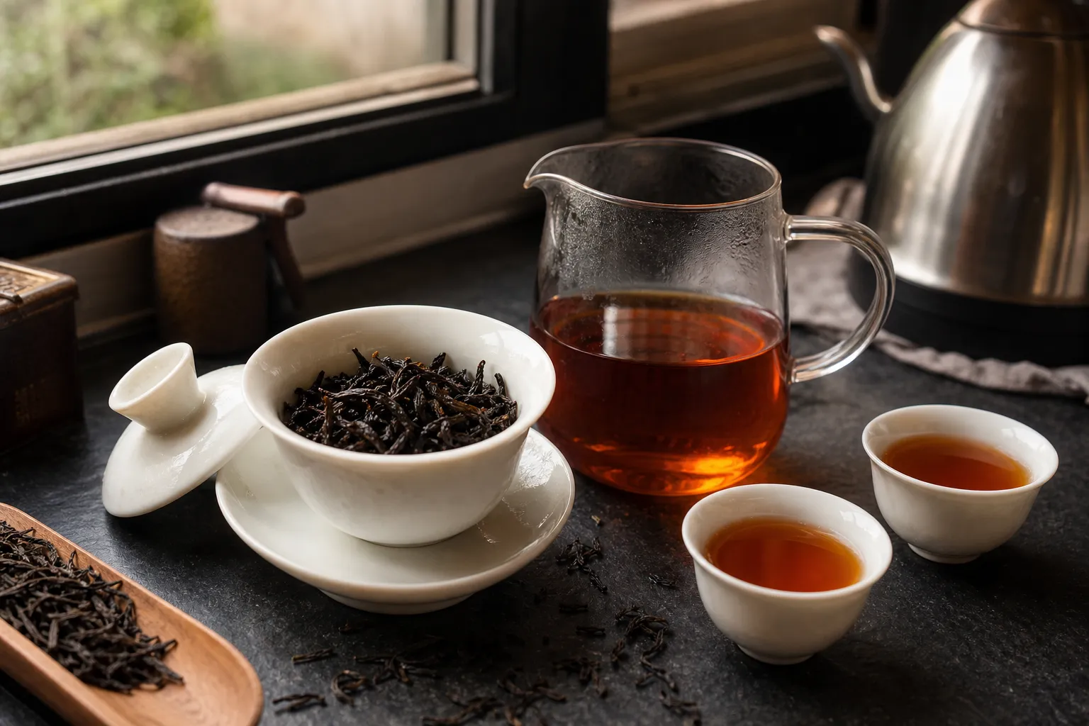 Small gongfu brewing setup for black tea with a gaiwan, dark tea leaves, and amber liquor ready for short repeated infusions