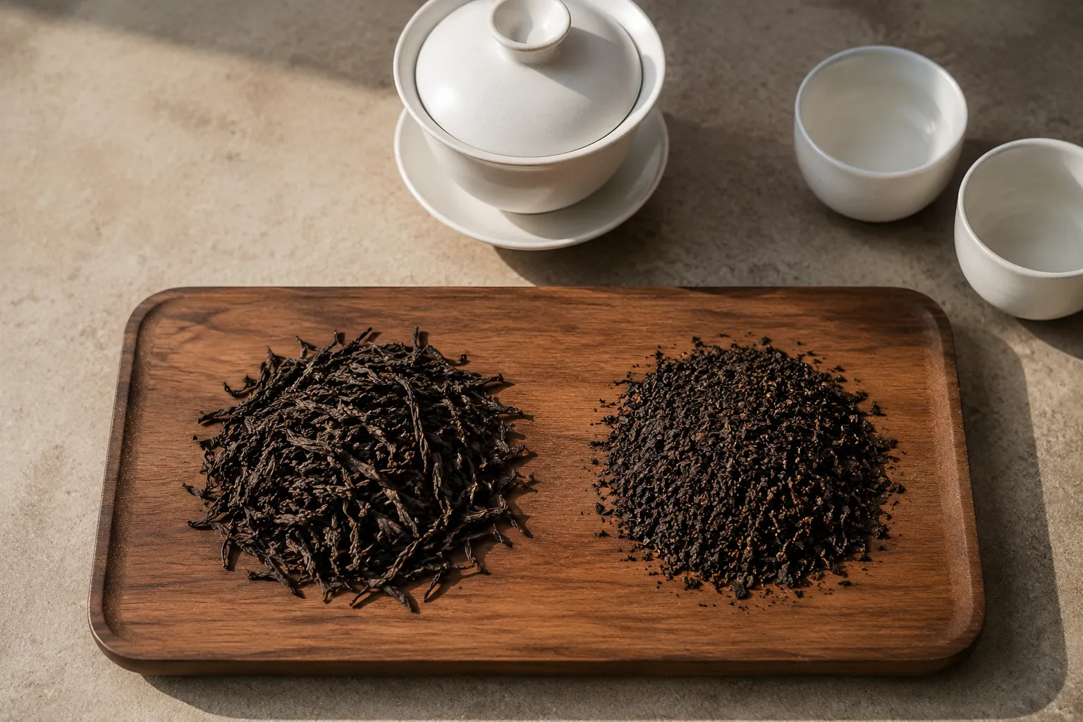 Whole and broken black tea leaves compared before a gongfu brewing session